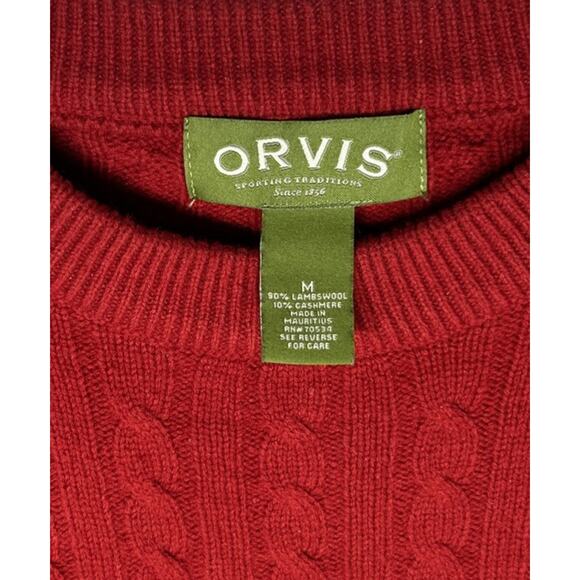 Orvis Men’s Medium Red Cable Knit Sweater Wool Cashmere Blend - Picture 2 of 4